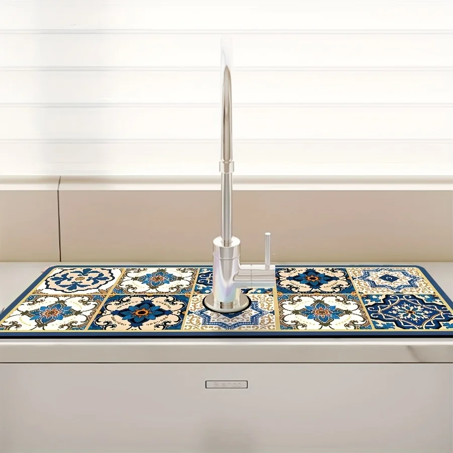 VIKAMA Premium Retro Pattern Kitchen Sink Splash Guard Faucet Mat Kitchen Countertop Absorbent Mat Bathroom Faucet Mat Drying Ma