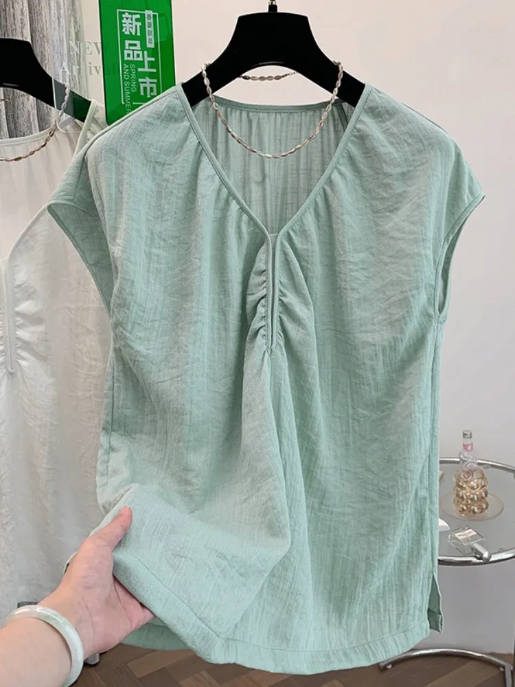 Einzigartige lässige Baumwolle Leinen ort Sve irt Frauen Sommer dünne kleine Größe schlankmachende V Ne Overhead kleine IRT Pendeln Sle...