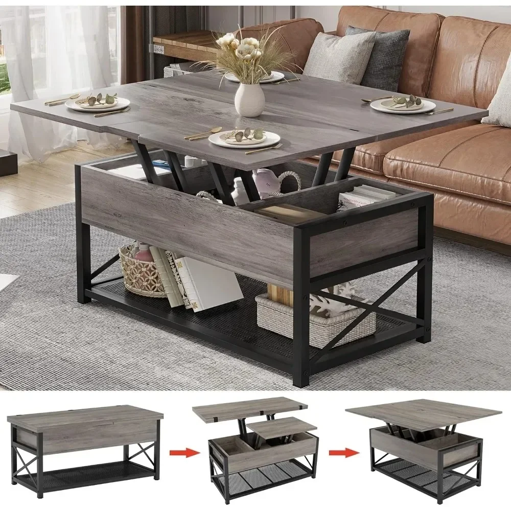 43 inch salontafel met hefblad, 3-in-1 multifunctionele kleine salontafels met opbergruimte voor woonkamer, salontafel