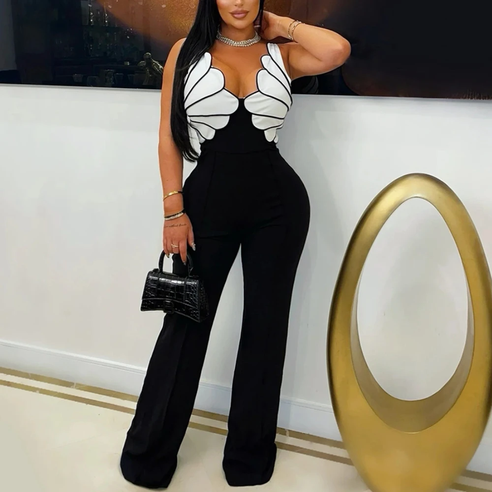 2025 Sleeveless Deep V Neck Sexy Jumpsuit Women Rompers Fashion Shells Pattern Skinny Jumpsuit Elegant Going Out Female Overalls