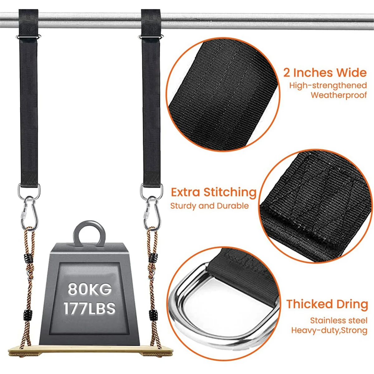 AT42 2 шт. ремни для качелей на дерево, подвесной комплект с 2 карабинами, удлинительный ремень с одной планкой, 2,4 м