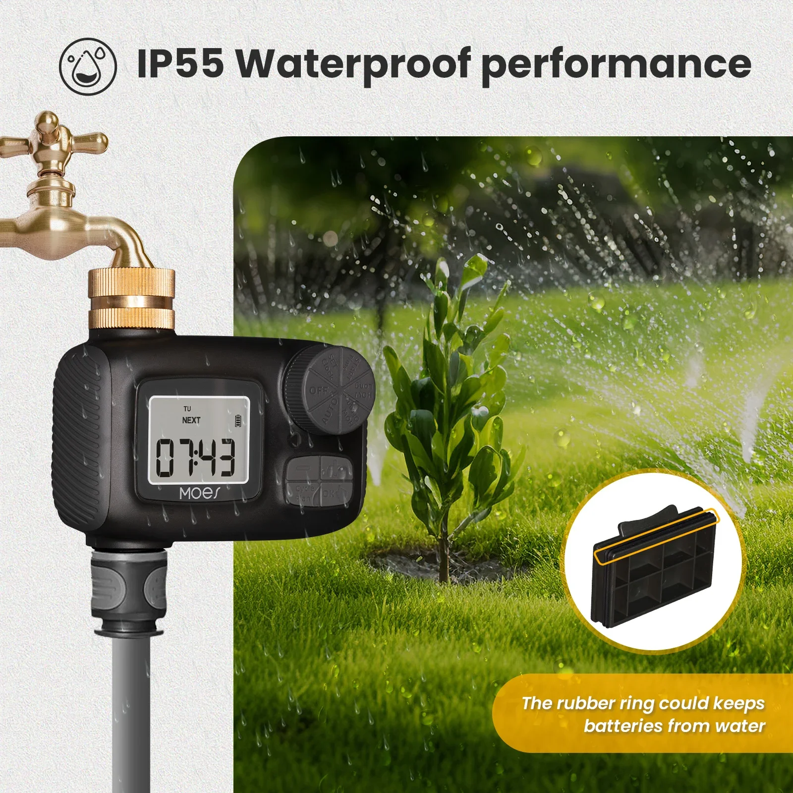 MOES Water Timer 1-Outlet IP55 Waterproof Brass Inlet Rotary Knob Button Control With LCD Display Screen Rain Delay Child Lock