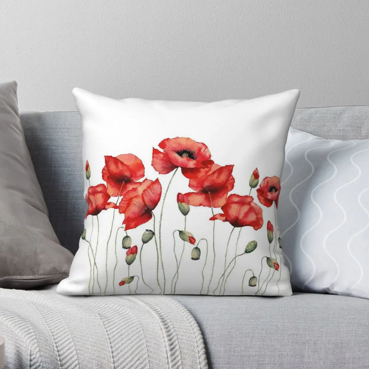 Red Poppies Square Pillowcase Polyester Linen Velvet Printed Zip Decor Throw Pillow Case Home Cushion Cover Wholesale