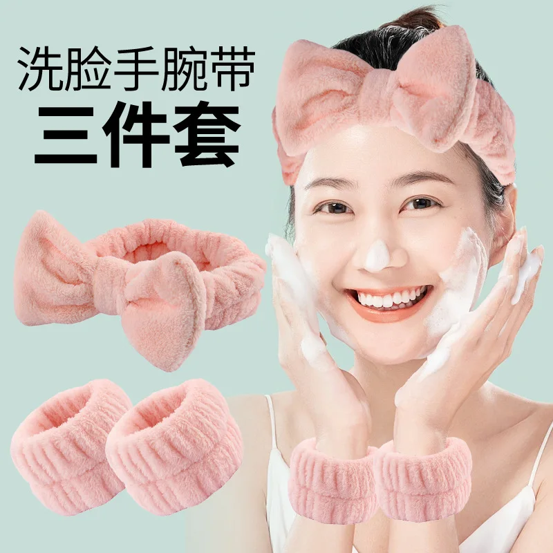 Absorbent Headband Wristband Arm Sleeve 3 Piece Set Coral Fleece Adult Size Washing Face Water Resistant Soft Daily Bathroom Use
