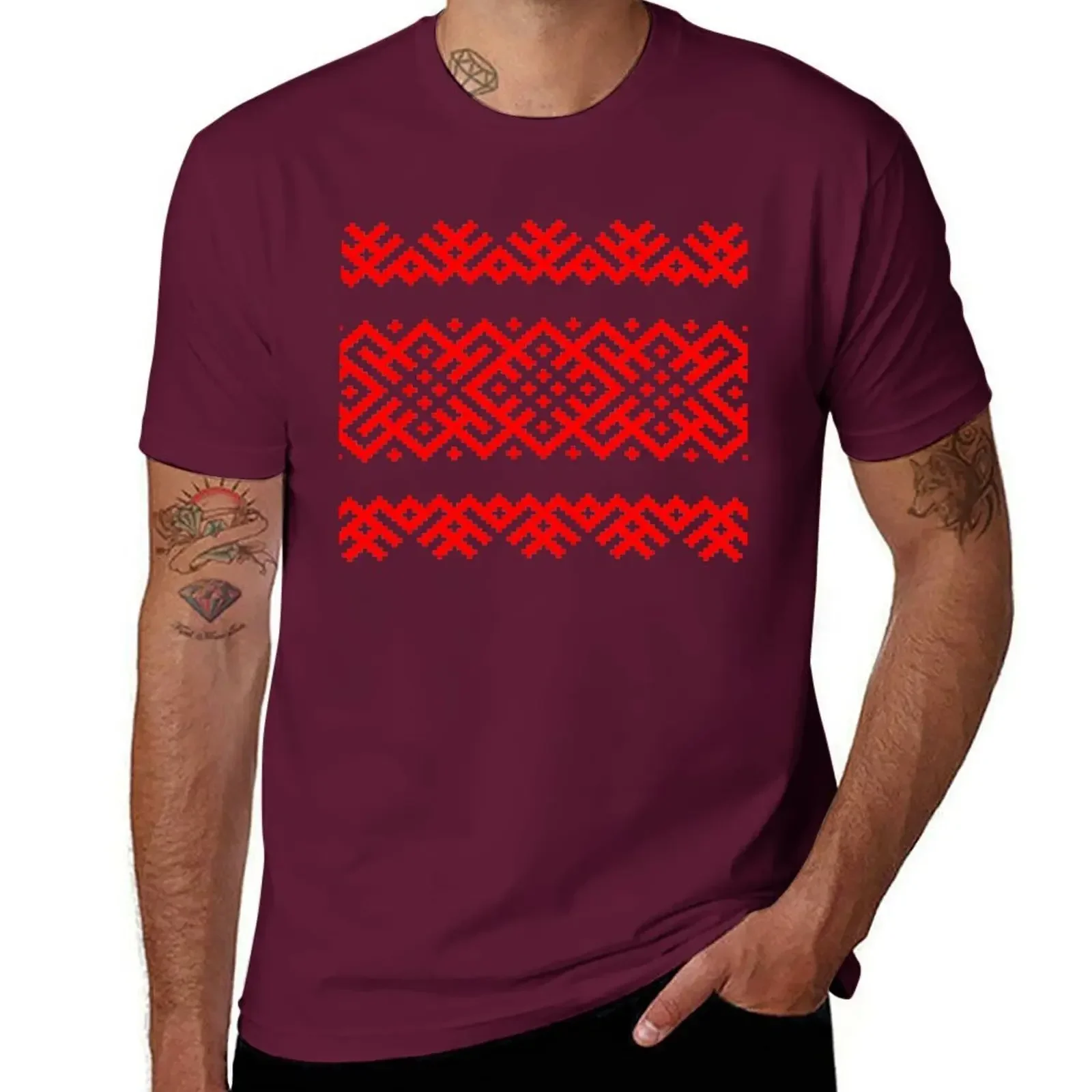 Sports Fans Oversized T Shirts for Men Ethno Slavic Pattern - Bogoroditsa - Symbol Horizontal - Large Scale Red Ornament T-Shirt