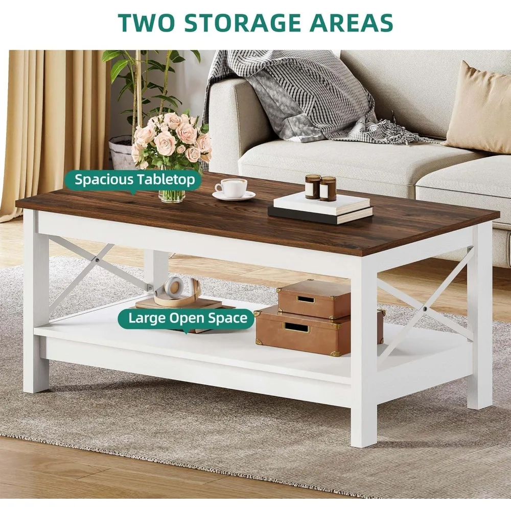 طاولة قهوة حديثة للمزرعة مع مساحة تخزين، طاولة مركزية خشبية من طبقتين لغرفة المعيشة، إطار قوي على شكل X #6