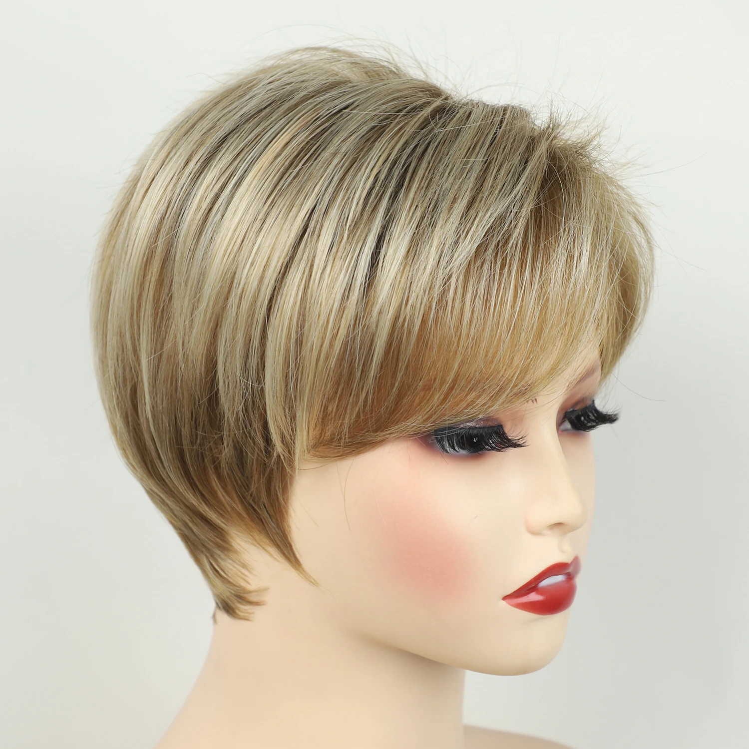 Perruque synthétique courte avec frange pour femme, blonde ombrée, coupe Pixie, coiffure pour maman, 03/fête