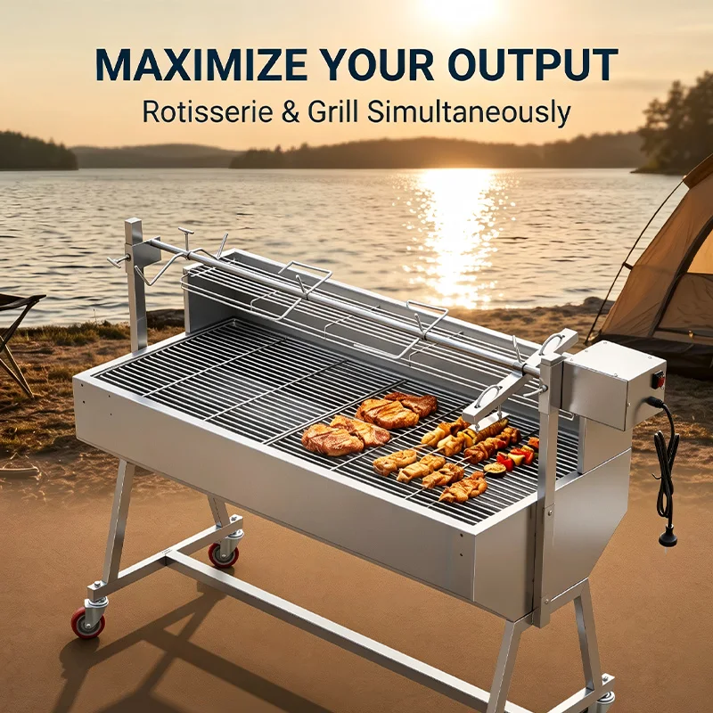 Commercial Modern Stainless Steel 304 Built-in Rotisserie BBQ Grill, Multi-Function Skewer Rotation for Restaurant Use