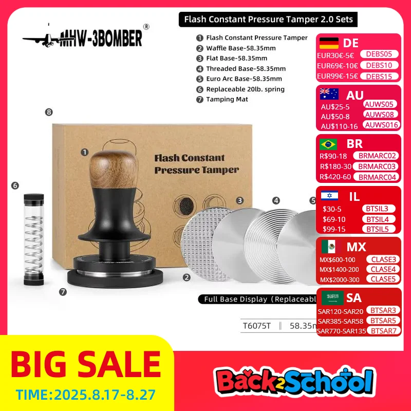 MHW-3BOMBER 58 mm Kaffeestampfer 20 lb/30 lb Espresso-Tamper mit Ersatz-Flachbasis und Feder, professionelles Barista-Zubehör
