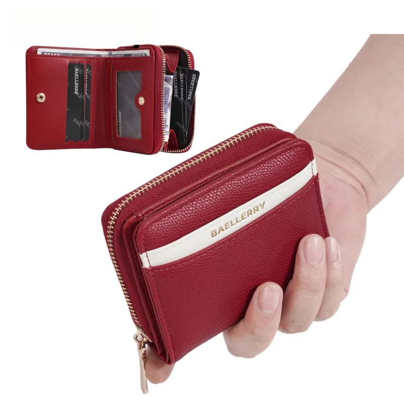 新しいレディースショートウォレット、ファッション二つ折りジッパー多機能マネークリップ、シンプルなカラーコントラストマルチスロットカードケース、コインパース
