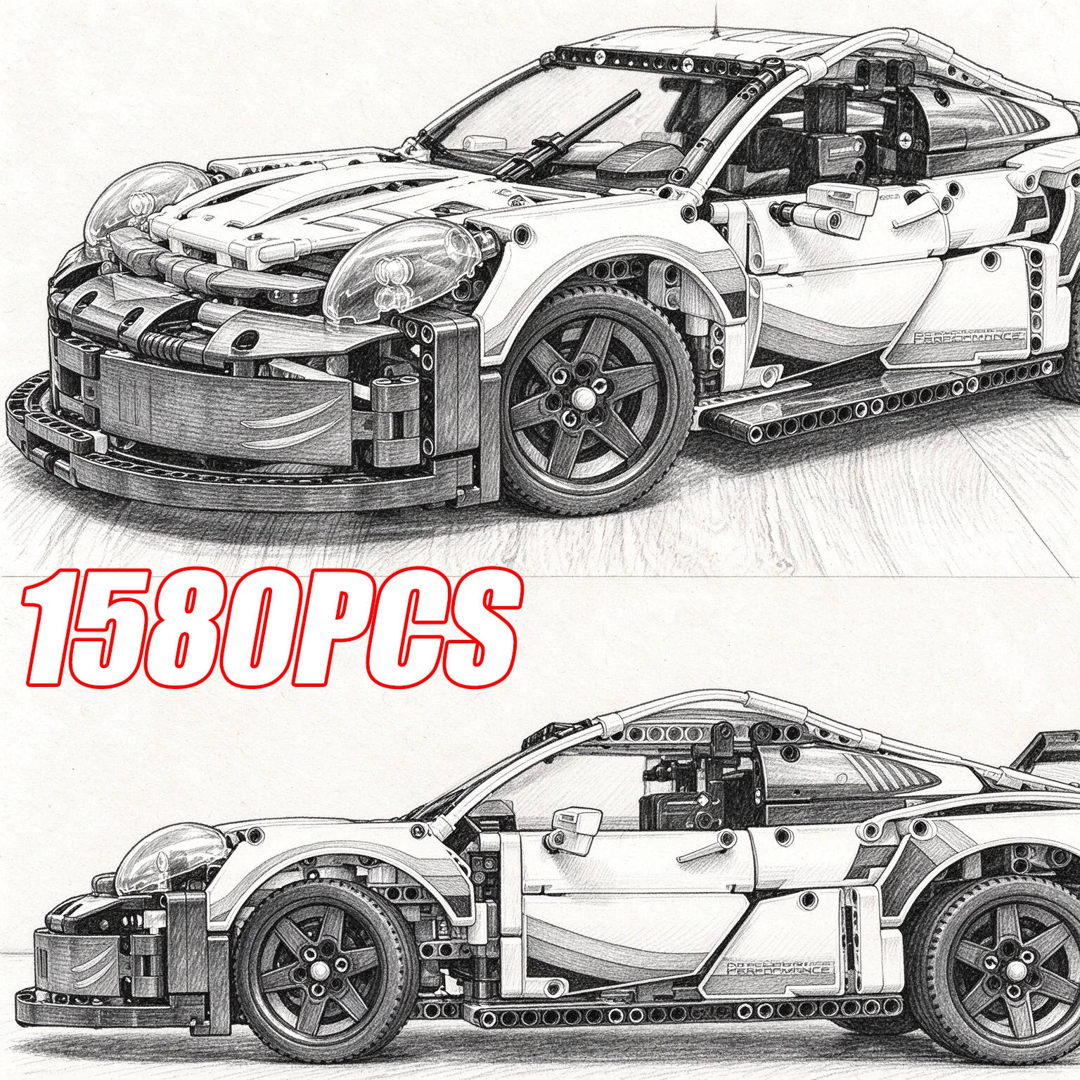 Technical 1580PCS 1:8 Scale Building Block Racing Car MOC Replica Exclusive DIY Assembly Advanced Construction Kit Birthday Gift
