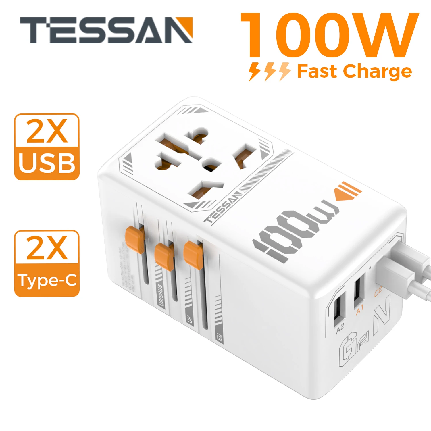 TESSAN 100W Universal Travel Adapter with USB Port Type C PD Fast Charging Worldwide Power Adapter EU/UK/USA/AUS Plug for Travel