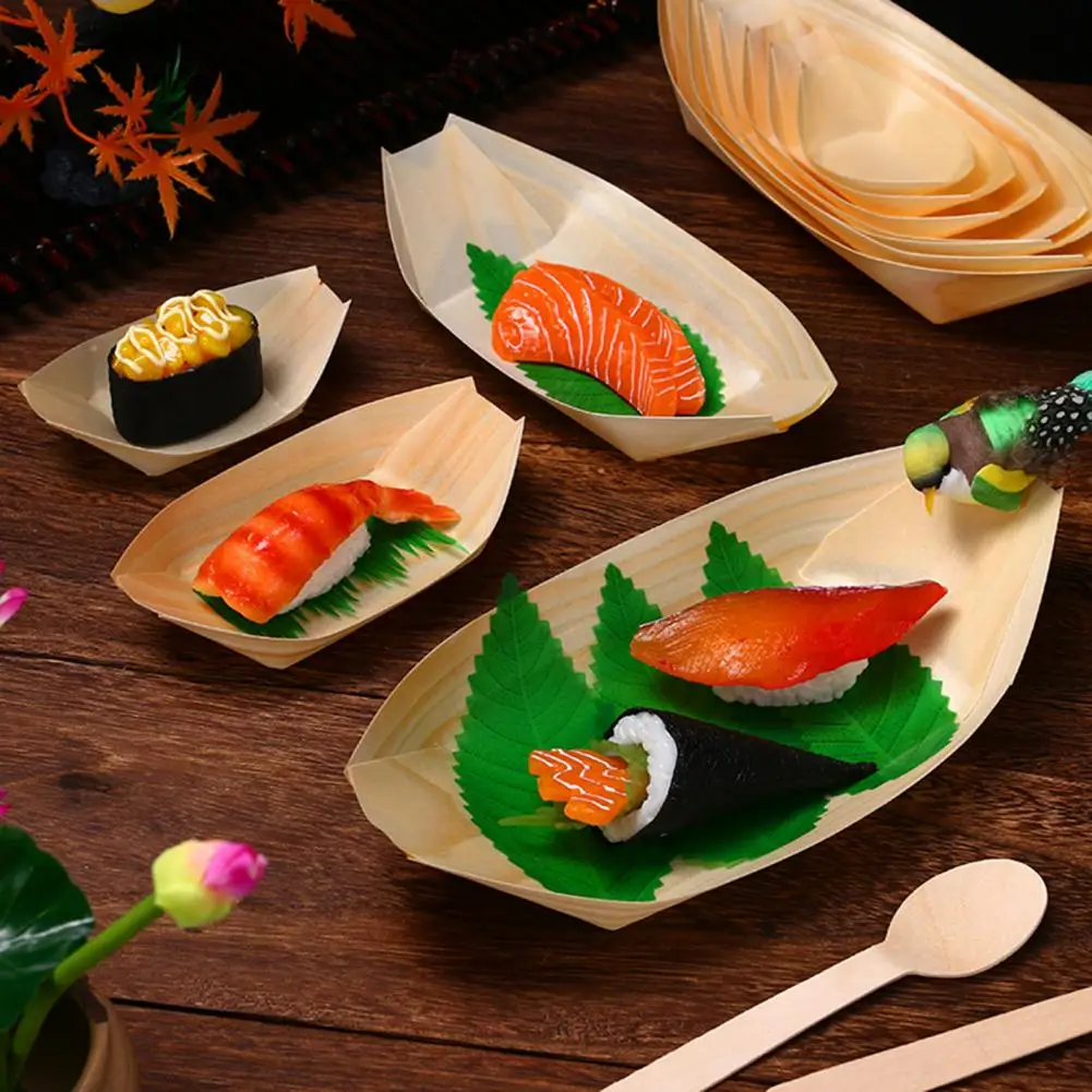 100Pcs Sushi Serving Boat Japanese Style Solid Wood Disposable Dessert Salad Appetizer Food Serving Plate Tray Kitchen Supplies