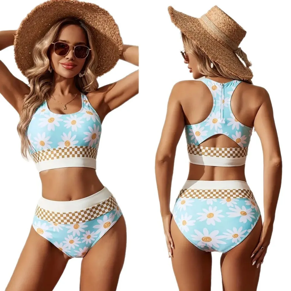Women's 2026 Sleeveless Printed Zipper Bikini Two-Piece Set Women's Tankinis for Summer Beach Vacation with High-waisted Bottom
