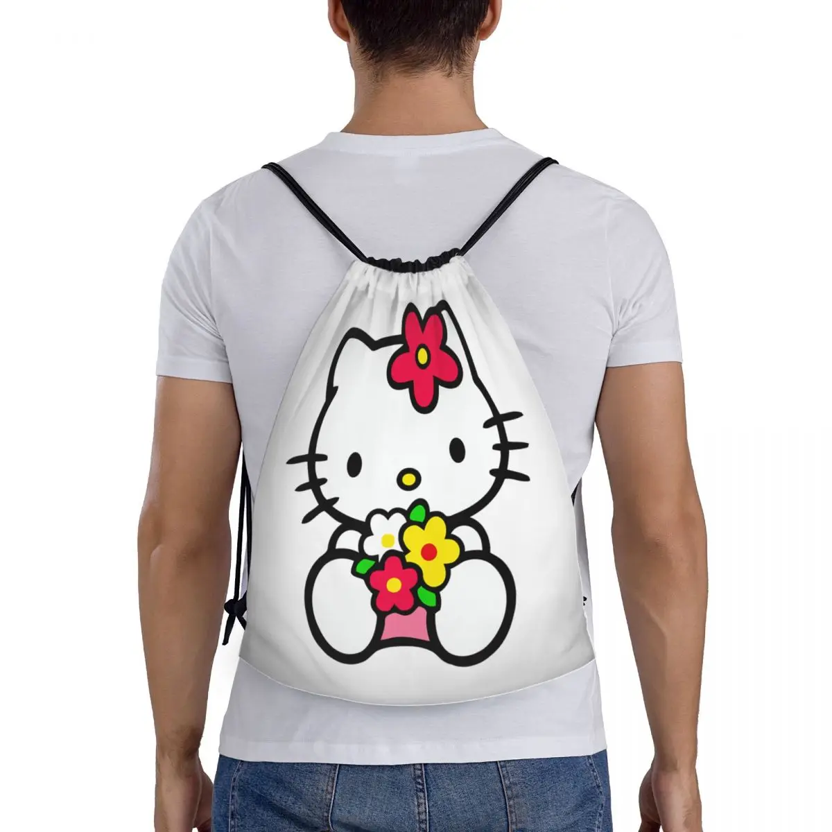 Mochila personalizada de Hello Kitty Cat con cordón para hombre y mujer, bolsa deportiva para gimnasio, Sackpack de entrenamiento