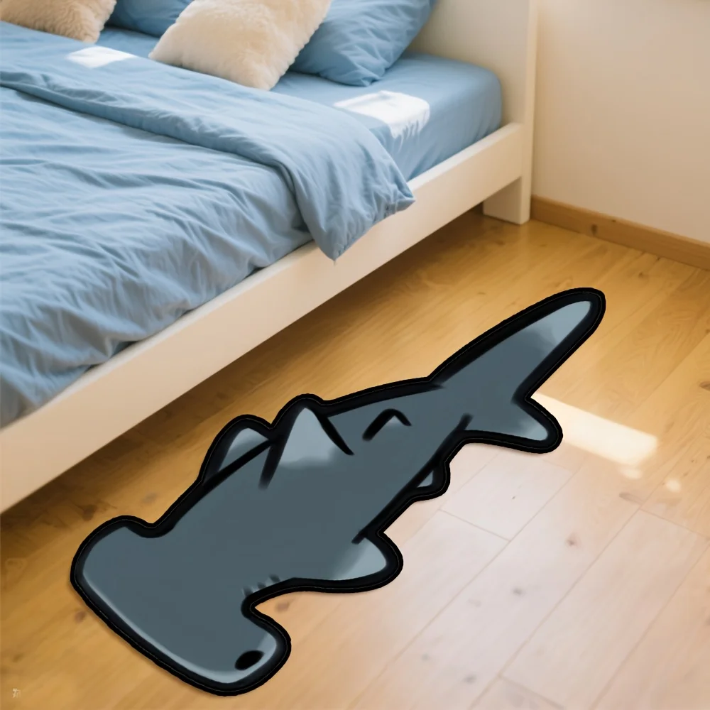 VIKAMA Cool Hammerhead Shark Shaped Rug Cartoon Grey Marine Animal Non Slip Soft Irregular Floor Mat Gaming Room Entry Decor Mat