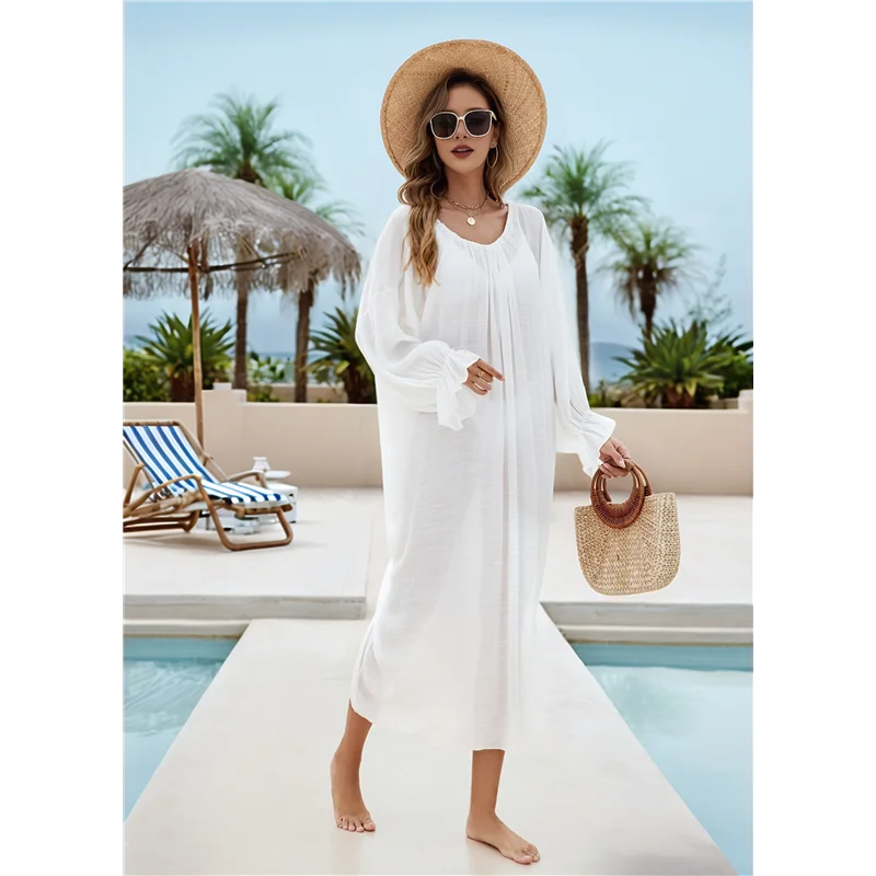 ABRT-Women Solid Color Cover Up Crew Neck Backless Plus Size Beach Kaftan Dresses
