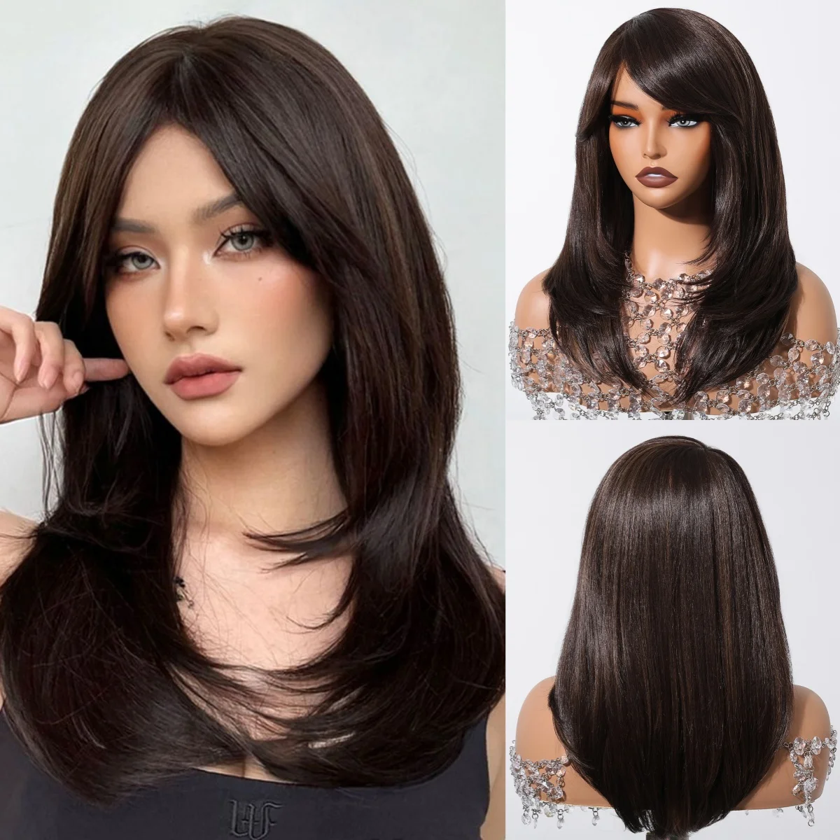 HENRY MARGU Medium Length Brown Synthetic Wigs Straight Natural Dark Brown Wig with Bangs Daily Party Fiber Fake Hair for Women