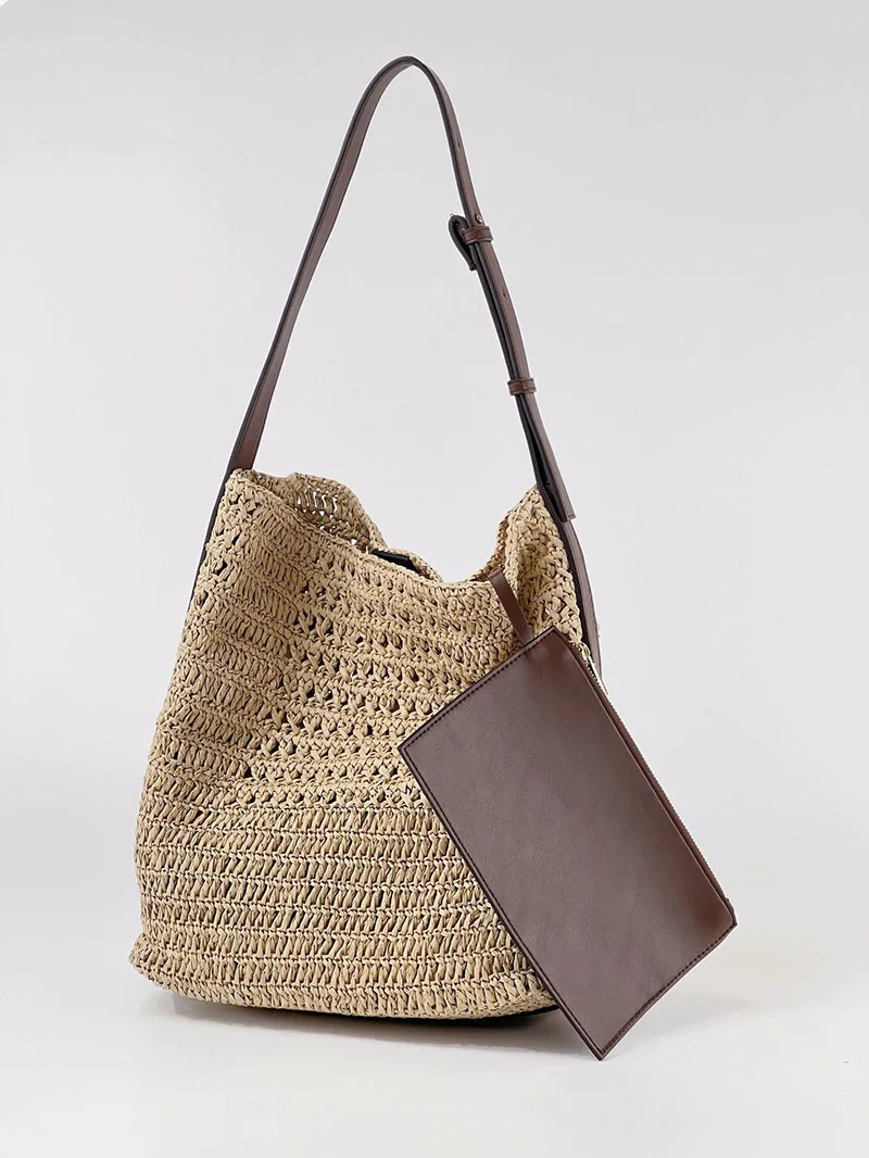 

Summer Beach Handbags with Small Purses Casual Large Capacity Straw Tote Bag Designer Hollow Woven Women Shoulder Bags
