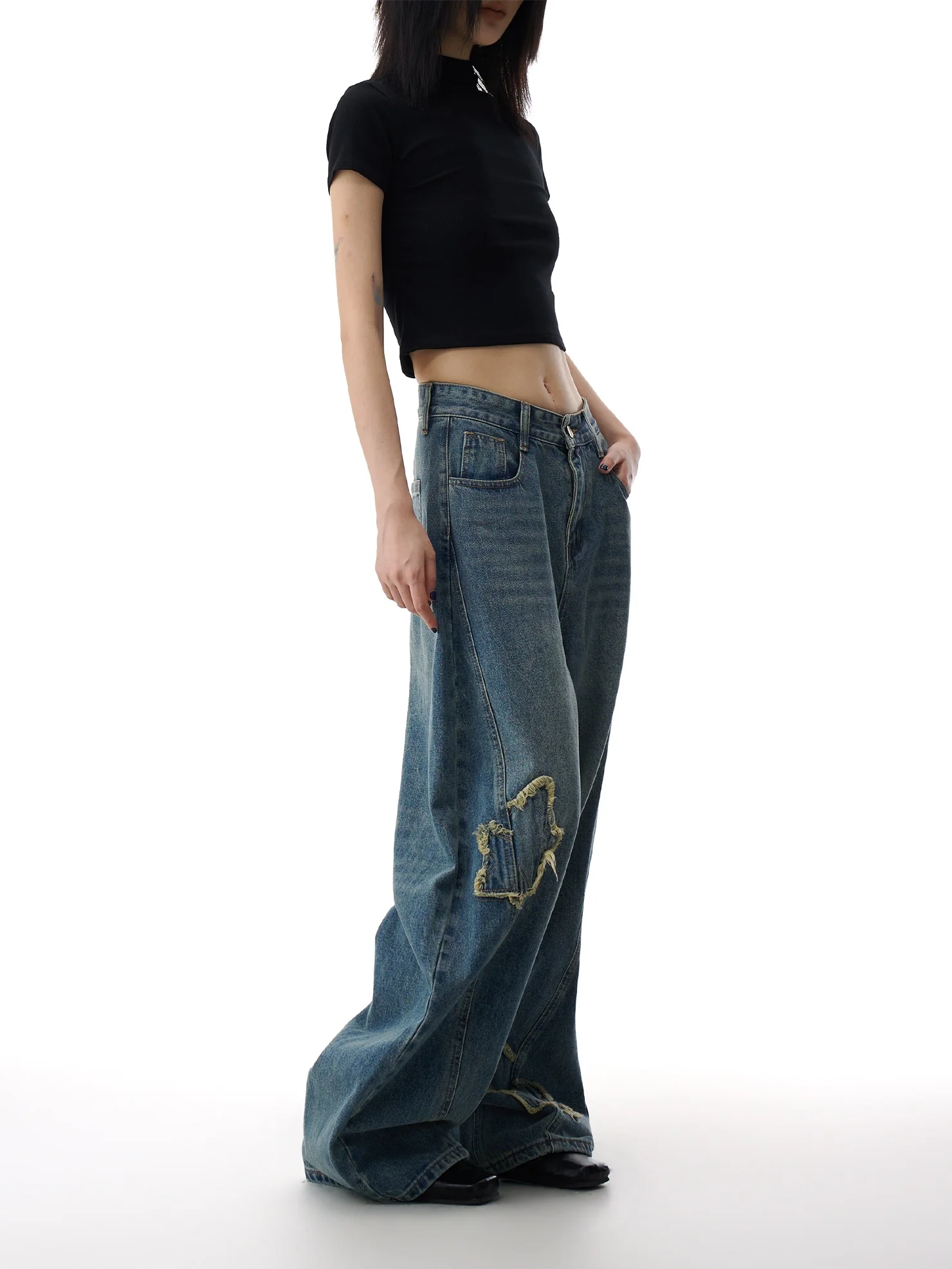 

American Retro Wide Leg Denim Jeans Women Loose Slimming Knife Casual Pants Spring New Style Natural Waist Jeans Blue Cotton