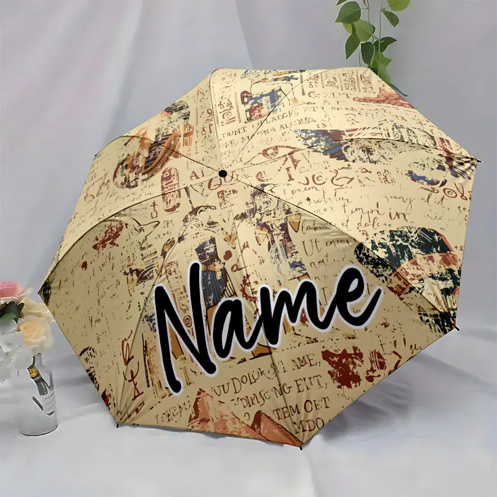 Custom Name Umbrella Ancient Script Patterned Umbrella Print 8 Iron Ribs Folding Umbrella Auto-Open Fashion Sunshade