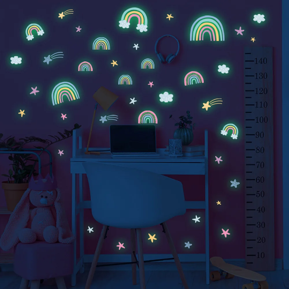 Pegatina de pared luminosa de nubes de arcoíris y estrellas, calcomanías de decoración de habitación de bebé y niño, decoración de fondo de