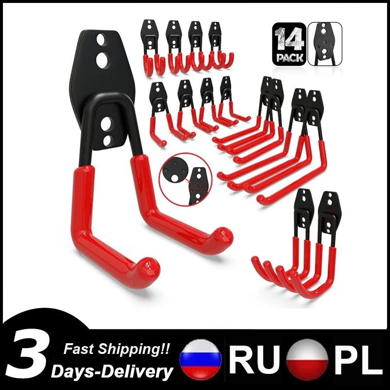 14PCS Garage Hook Heavy Duty Organizer Wall Mount Bicycle Hanger Hooks Wall Mount Anti-slip Storage Hook For Ladders Garden