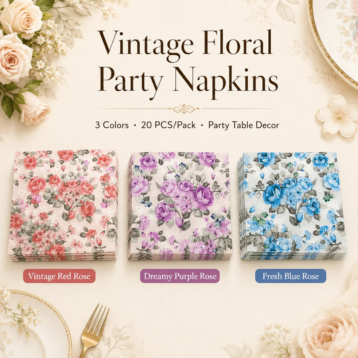 Vintage Rose Floral Party Napkins 20Pcs Paper Napkins for Birthday Wedding Table Decor Afternoon Tea Dessert Party Supplies