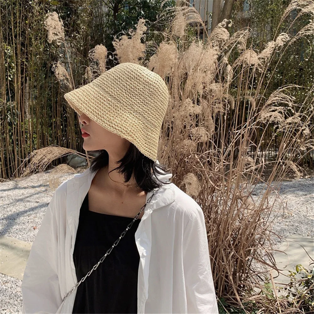 Women Fisherman Hat  Fashion Straw Beach Hat Casual Vacation Summer Sunscreen Hats Hand-woven Bucket