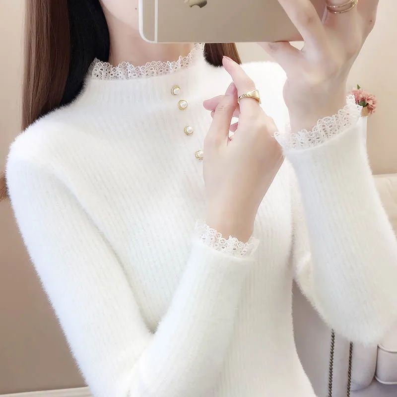 Women Clothing Elegant Fashion Half High Collar Long Sleeve Sweaters Autumn Winter Chic Fluff Solid Knit Pullovers Lace Edge Top