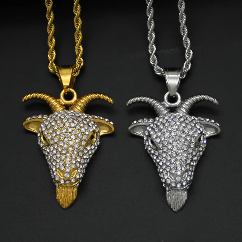 

2026 Fashion Zircon Inlaid Ram Pendant Necklace Charming Men's Necklace New Hip Hop Rock Accessories Punk Jewelry Wholesale