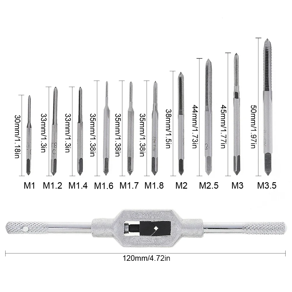 11pcs/set Mini Metric Tap Die Set High Speed Steel Hand Screw Thread Plug Adjustable Tap Wrench M1-M3.5 Woodworking Repair Tool