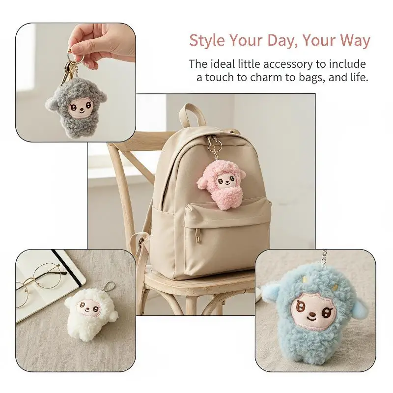 Cute Fluffy Plush Sheep Keychain Child-friendly Material Multicolor Choices Bag Pendant for Kids Backpack Decoration