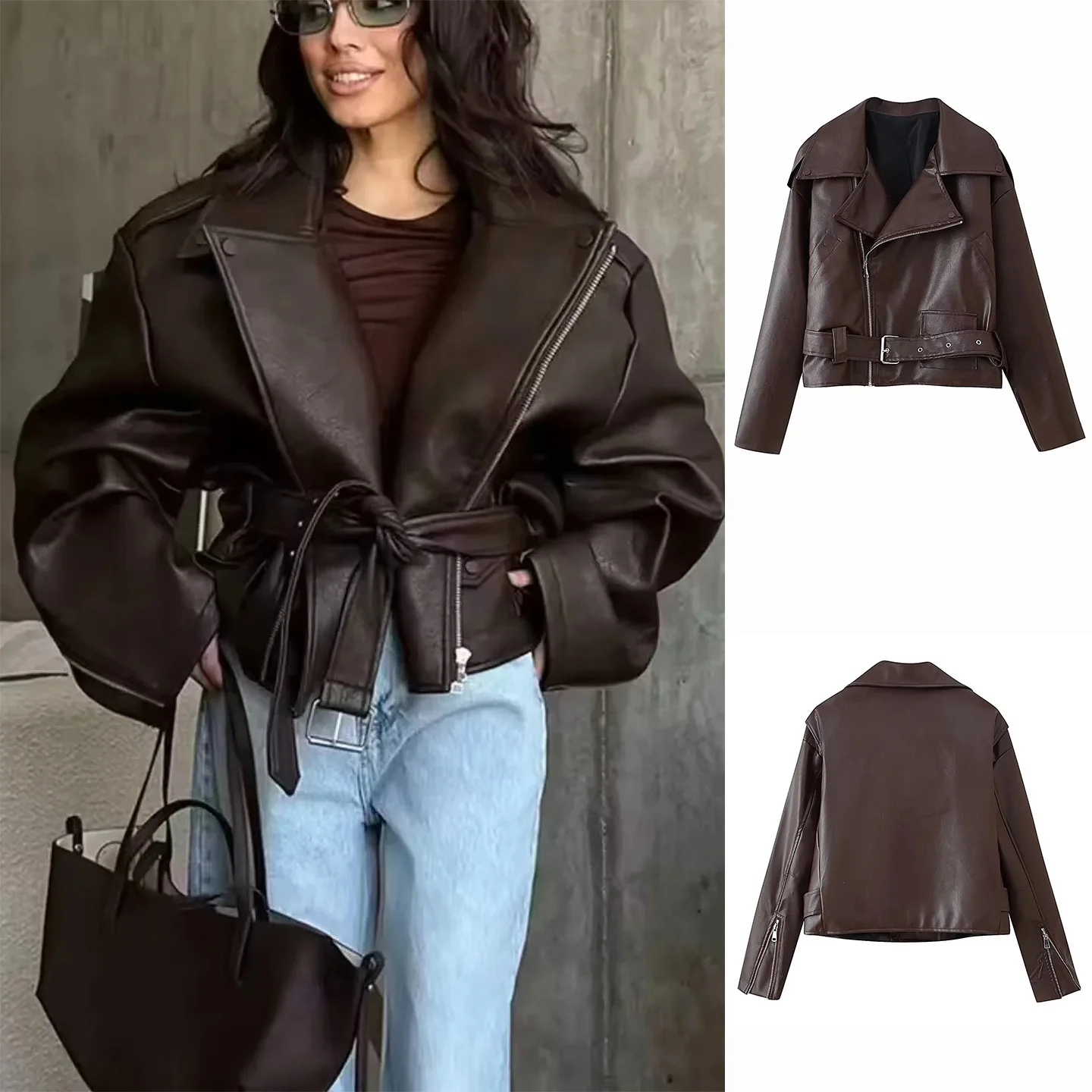 كول ort بو الجلود Jaet المرأة الخريف الشتاء جديد Sle طويل Sve سستة تصميم مربوط الوجه طوق معطف ملابس خارجية غير رسمية #1