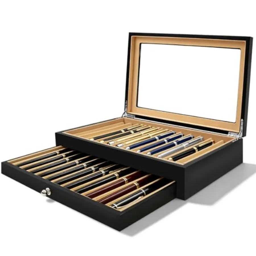 

2 Layer Ebony Wood Pen Display Case, Fountain Pen Organizer Box with Clear Glass Window, 23 Slot Pen Collector for Home, Office