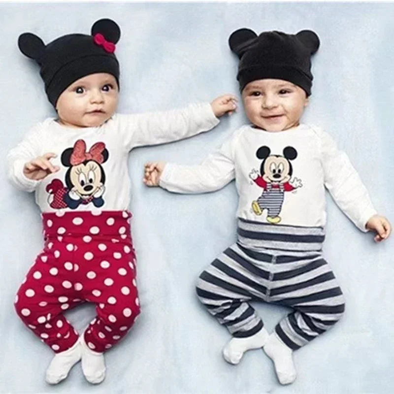 Spring Autumn Newborn Baby Romper+Pants+Hat 3Pcs Set Baby Boy Girl Clothes Suit Mickey Minnie Infant Jumpsuit One Piece Bodysuit