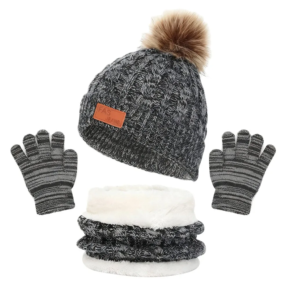 

Fashion Warm Winter Hat Scarf Gloves Set Windproof Pompom Knitted Hats Soft Thicken Beanies Hat Children's