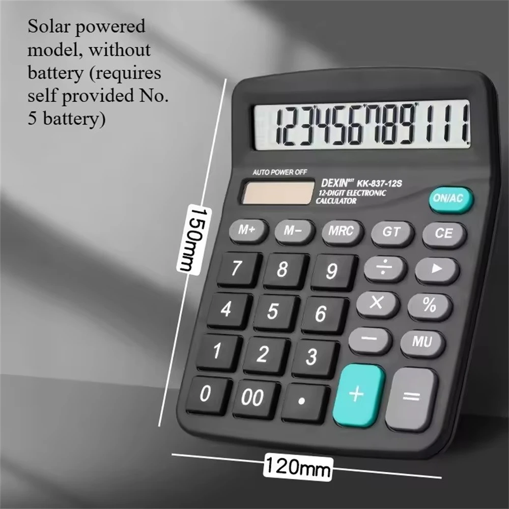 12-Digit Large LCD Display Calculator Standard Function Calculator with Solar & Battery Dual Power for Home Basic Desktop Office
