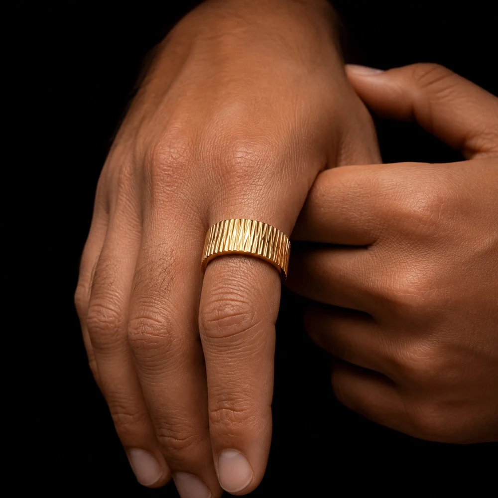 Diagonal Groove Ring For Men Gold Color Stainless Steel Textured Band Ridged Statement Ring Geometric Linear Jewelry