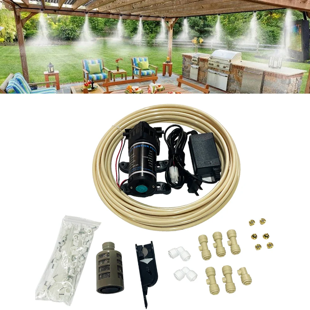 

DIY Misting Cooling System With Pump Filter Kit 20FT-60FT Water Line Brass Nozzle 40 PSI For Outdooor Patio Porch Greenhouse