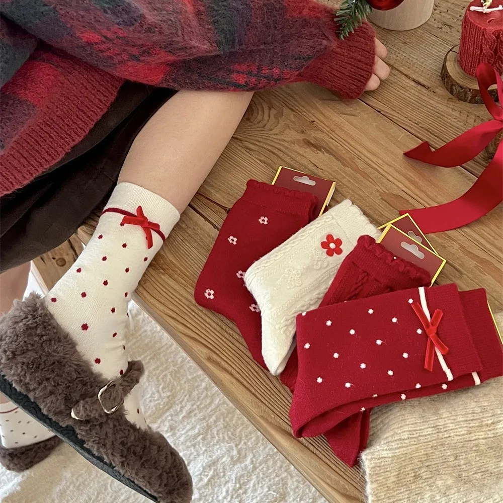 

5 Pairs Women's Socks Set Christmas Outfit Korean Bow Polka Dot Stripe Cute Sweet Kawaii Thickened Warm Socks For Girl Wholesale