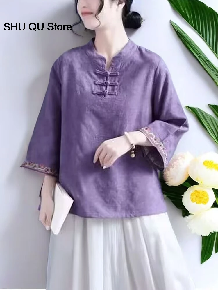 

China Style Spring Summer Printing T-shirt Loose Top Oriental Female Clothes Chinese Blouses For Women Retro Cotton Linen Shirt