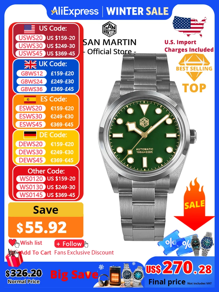 San Martin Vintage 36mm BB36 explorar la serie de escalada reloj de lujo para hombres parejas relojes deportivos mecánico automático 10Bar reloj
