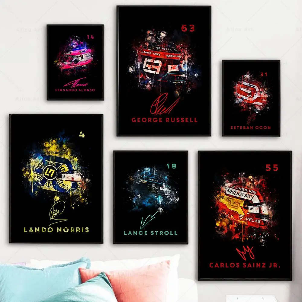 Watercolor 2022 F1 Racer Helmet Poster Formula One Racing Wall Art Canvas Painting Print Picture for Living Room Home Decoration