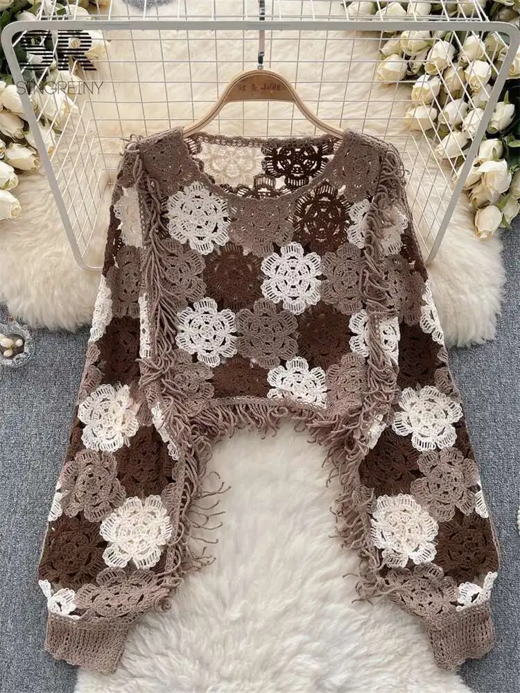 BabYoung Flower Hook Sunscreen Shirt Women Hollow Out Vintage O Neck Long Sleeve Ladies Summer Casual Tassel Short Blouse
