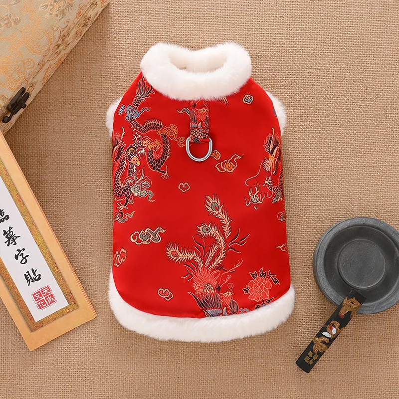 

Новогодняя одежда для собак, костюм Тан в китайском стиле, хлопковая одежда для домашних животных, утепленная теплая куртка для собак с праздничным принтом XS-XXL