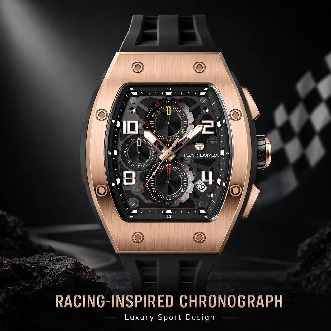

TSAR BOMBA Men Watch Quartz 316L Steel Sapphire Glass Silicone Band 50M Waterproof Chronograph Luminous Shockproof Gift