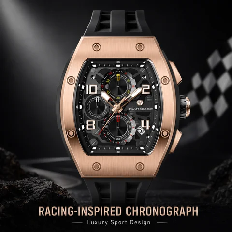TSAR BOMBA TB8224Q Men's Rose Gold Tone Tonneau Quartz Chronograph Watch, Sapphire Crystal, 5ATM Water Resistant, Business Style