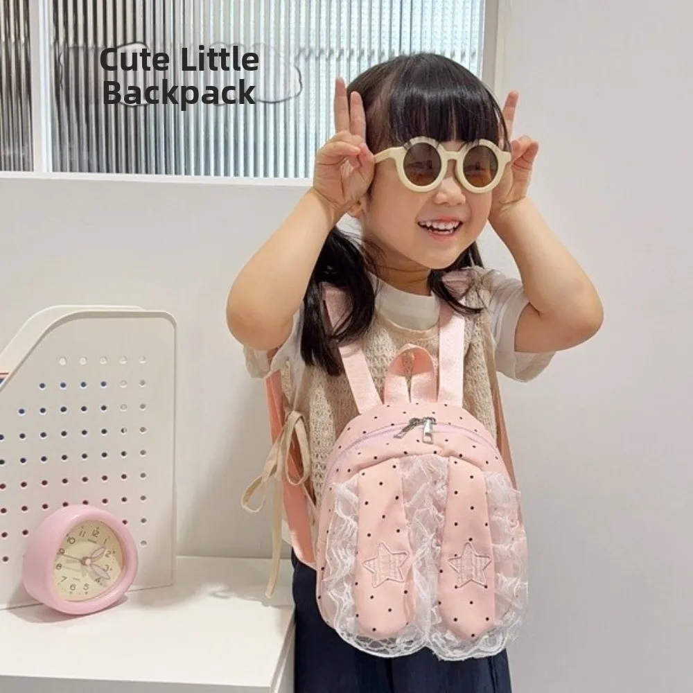 New Polka Dot Bunny Ear Lace Backpack Large Capacity Lightweight Lace Ruffle Backpack Polka Dot Backpack Casual Carry