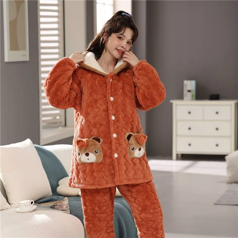 Famale-Pijama de algodón de lana de Coral de tres capas para mujer, ropa de dormir de franela gruesa, conjunto de ropa de dormir de manga larga de talla grande para niña, Invierno